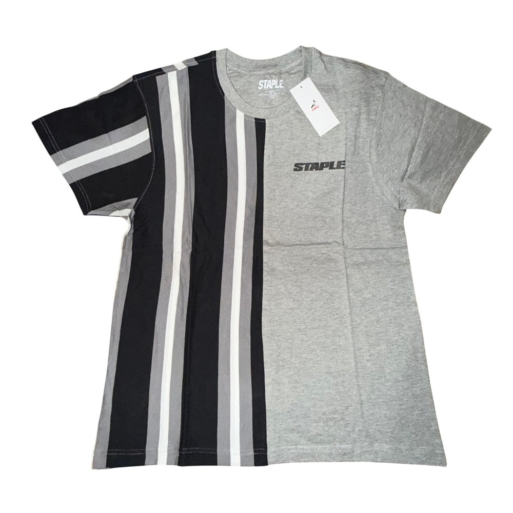 Staple Pigeon Mens Split Vertical‎ Stripe T-Shirt Gray Black White Large NEW - Picture 2 of 7